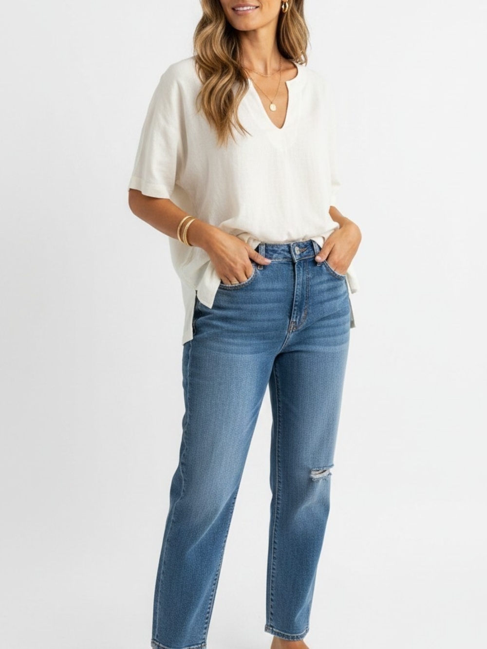 Uniqlo x Mame Kurogouchi Womens Medium Deep Split V-Neck Shirt Cream Ivory Top